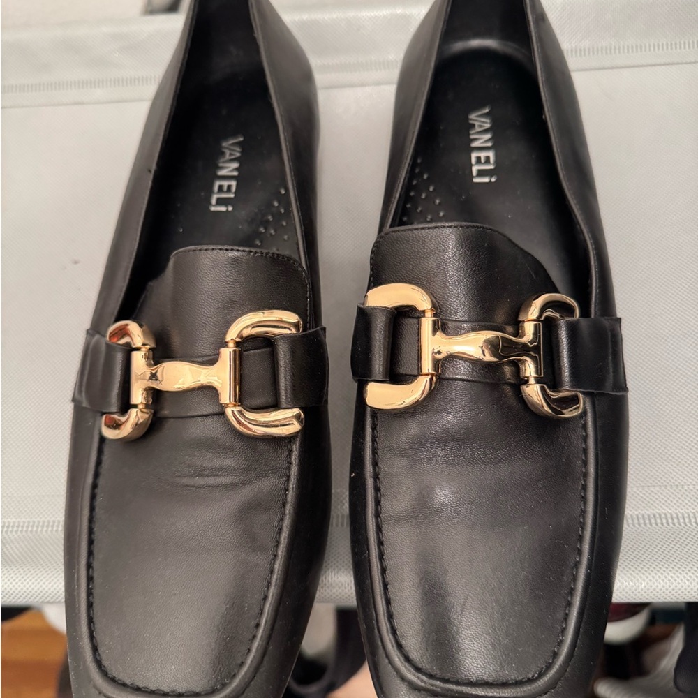 Vaneli Black Loafers with Gold Buckle